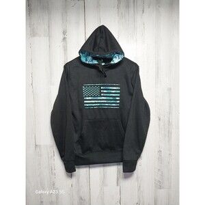 Mossy Oak Fishing Mens Size SMALL Black Hoodie Green Elements American Flag